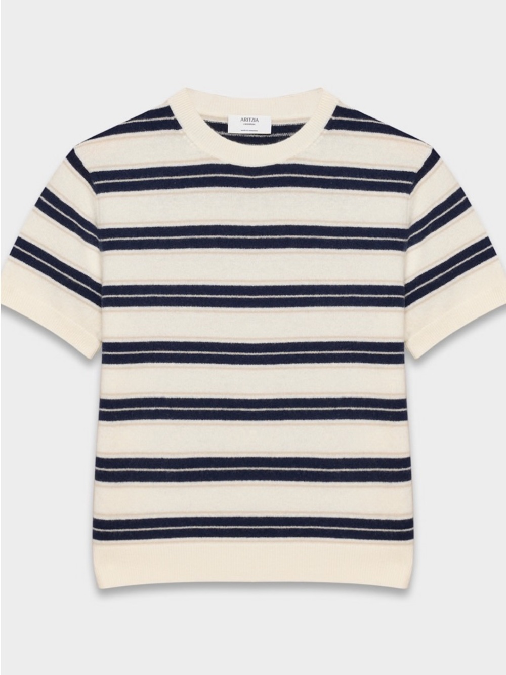 Aritzia Navy and Cream Striped Short-Sleeve Bare Cashmere Bloor Sweater